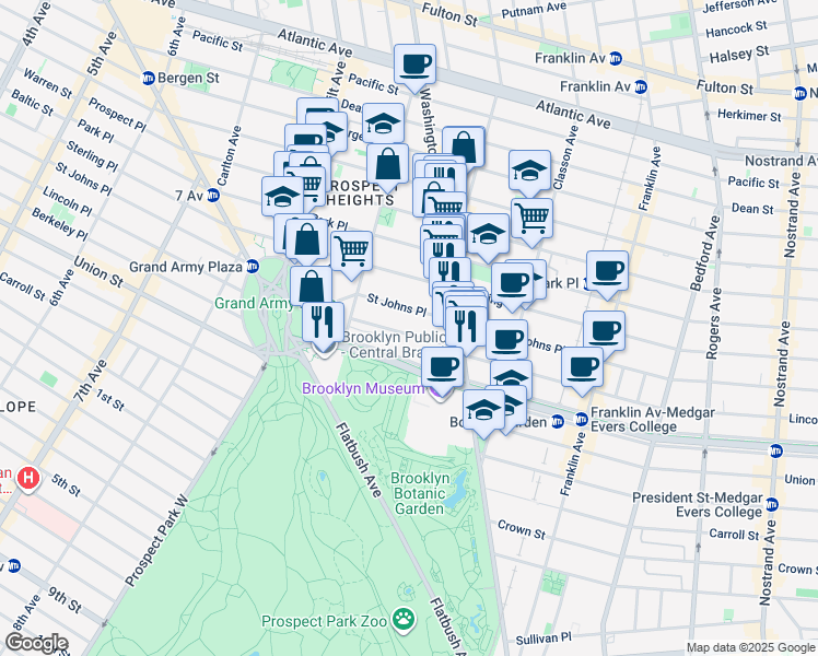map of restaurants, bars, coffee shops, grocery stores, and more near 388 Saint Johns Place in Brooklyn