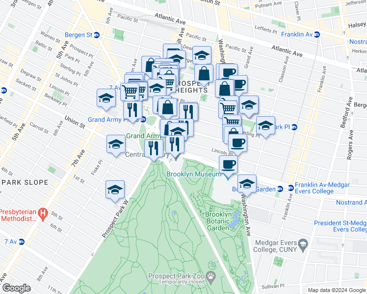 map of restaurants, bars, coffee shops, grocery stores, and more near 286 Saint Johns Place in Brooklyn