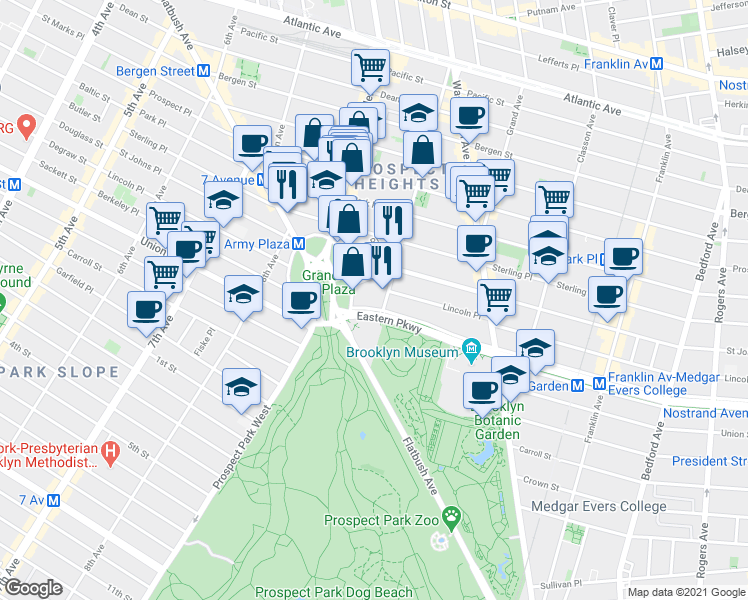 map of restaurants, bars, coffee shops, grocery stores, and more near 286 Saint Johns Place in Brooklyn