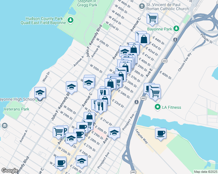 map of restaurants, bars, coffee shops, grocery stores, and more near 39 East 34th Street in Bayonne