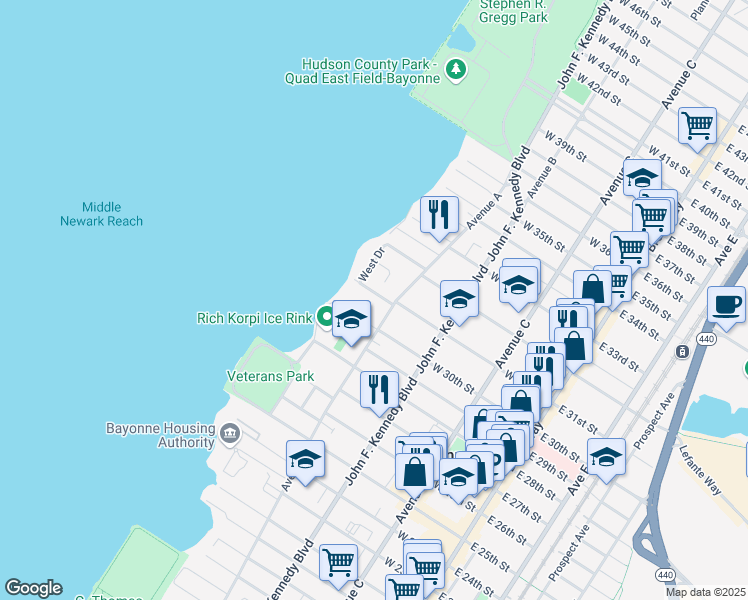map of restaurants, bars, coffee shops, grocery stores, and more near 183 West 31st Street in Bayonne