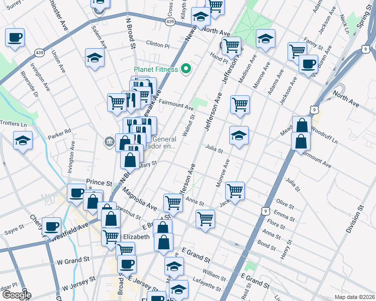 map of restaurants, bars, coffee shops, grocery stores, and more near 545 Walnut Street in Elizabeth