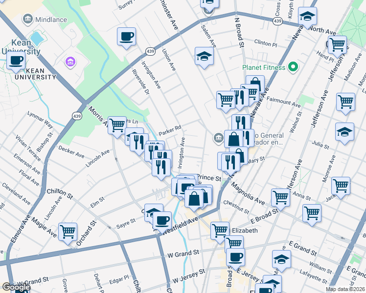 map of restaurants, bars, coffee shops, grocery stores, and more near 465 Irvington Avenue in Elizabeth