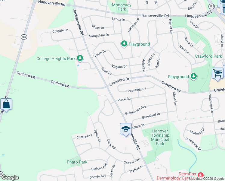 map of restaurants, bars, coffee shops, grocery stores, and more near 4530 Greenfield Road in Bethlehem