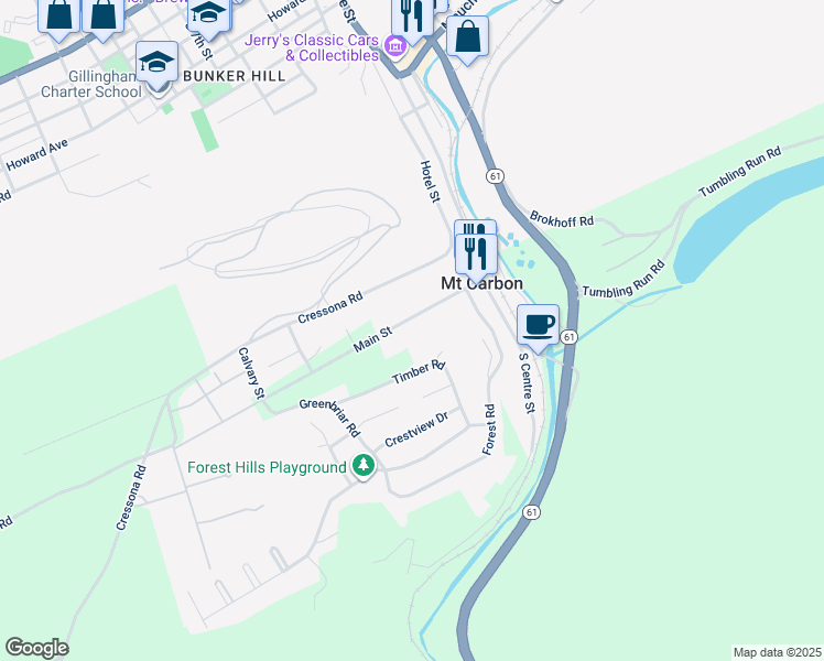 map of restaurants, bars, coffee shops, grocery stores, and more near 72 Main Street in Pottsville