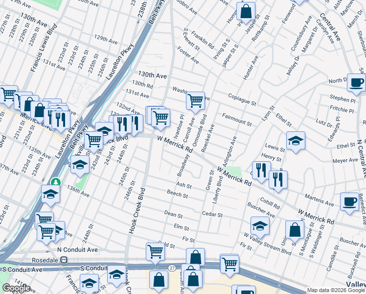 map of restaurants, bars, coffee shops, grocery stores, and more near West Merrick Road & Carroll Avenue in Valley Stream