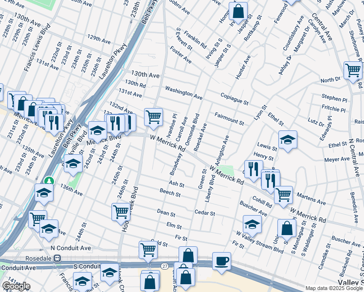map of restaurants, bars, coffee shops, grocery stores, and more near 22 Carroll Avenue in Valley Stream
