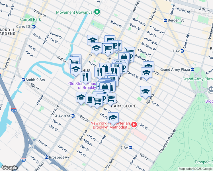 map of restaurants, bars, coffee shops, grocery stores, and more near 320 2nd Street in Brooklyn