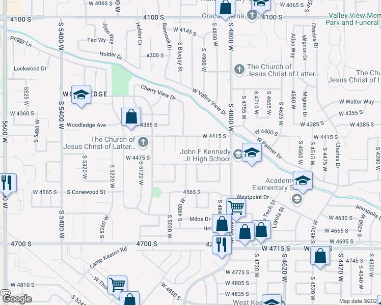 map of restaurants, bars, coffee shops, grocery stores, and more near 4459 South Red Blossom Circle in West Valley City