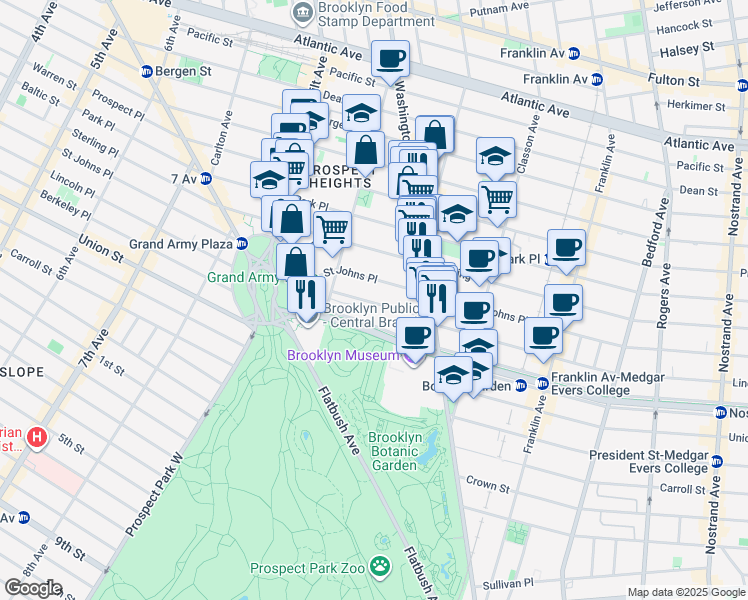 map of restaurants, bars, coffee shops, grocery stores, and more near 388 Saint Johns Place in Brooklyn
