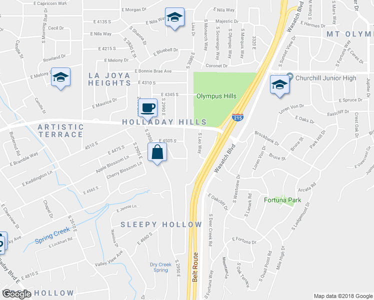 map of restaurants, bars, coffee shops, grocery stores, and more near Aspen Hollow Lane in Holladay