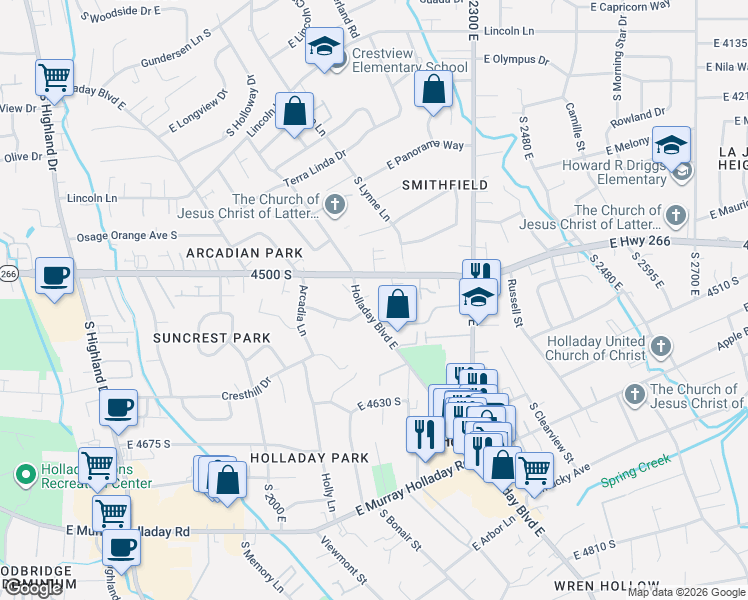 map of restaurants, bars, coffee shops, grocery stores, and more near in Millcreek