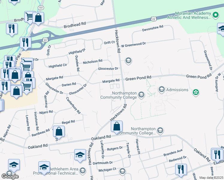 map of restaurants, bars, coffee shops, grocery stores, and more near 3728 Amherst Court in Bethlehem
