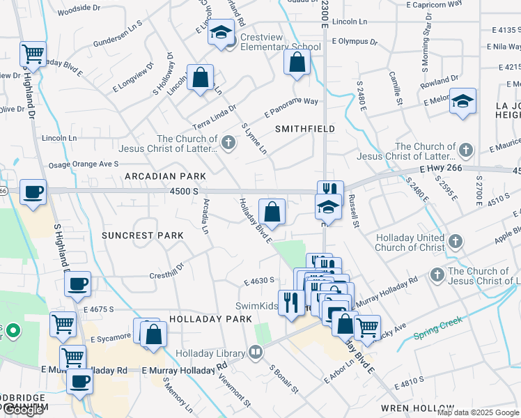 map of restaurants, bars, coffee shops, grocery stores, and more near 2174 East Rising Wolf Lane in Holladay