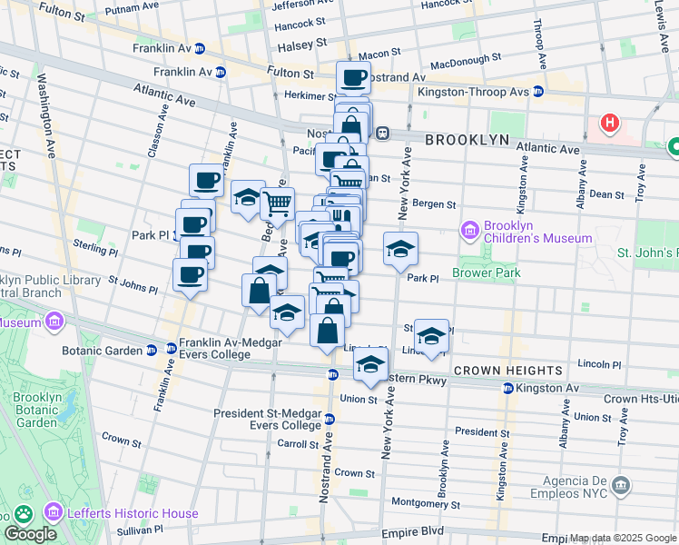 map of restaurants, bars, coffee shops, grocery stores, and more near Nostrand Ave & Park Pl in Brooklyn