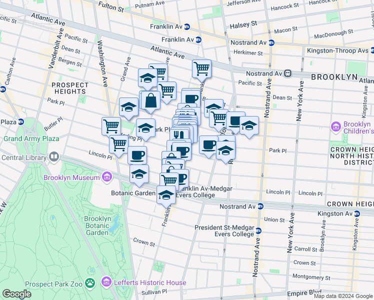 map of restaurants, bars, coffee shops, grocery stores, and more near 739 Franklin Avenue in Brooklyn