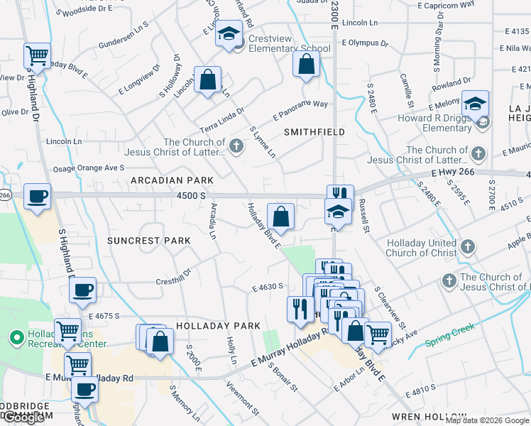 map of restaurants, bars, coffee shops, grocery stores, and more near in Millcreek