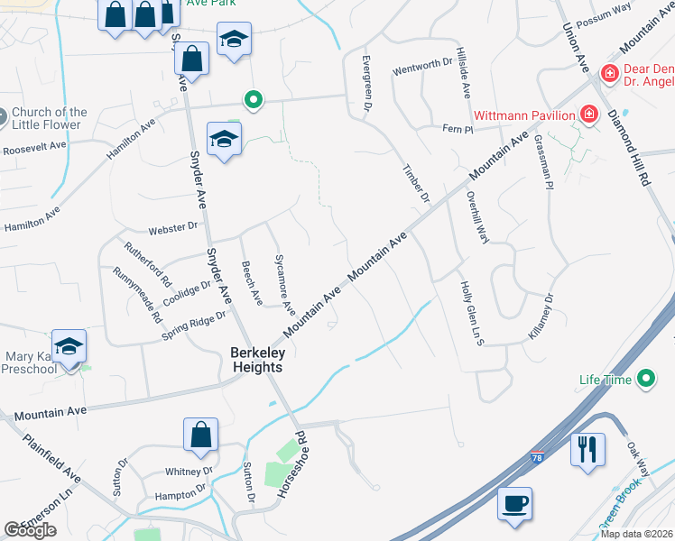 map of restaurants, bars, coffee shops, grocery stores, and more near 16 Coachman Court in Berkeley Heights
