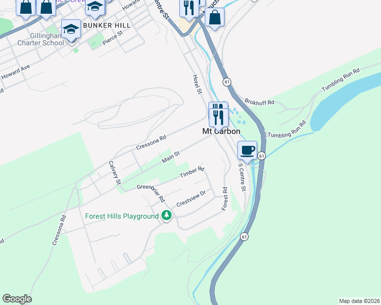 map of restaurants, bars, coffee shops, grocery stores, and more near 72 Main Street in Pottsville