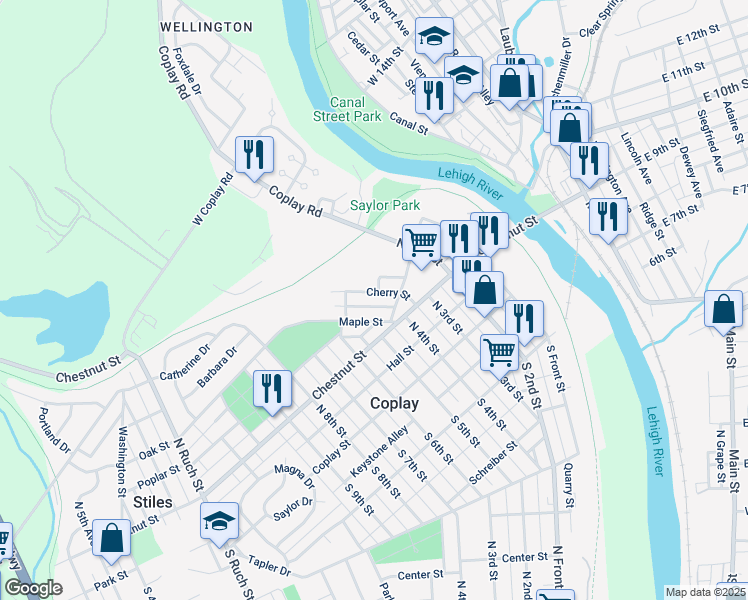 map of restaurants, bars, coffee shops, grocery stores, and more near 300 Cherry Street in Coplay
