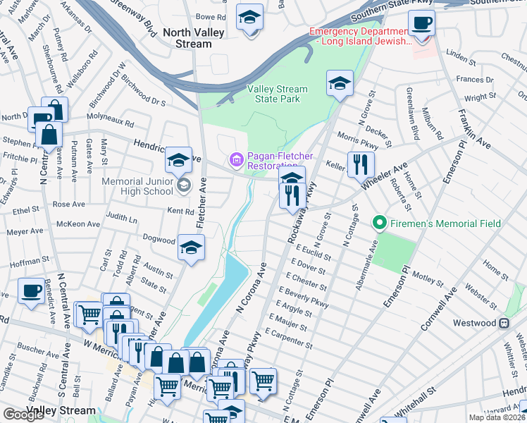map of restaurants, bars, coffee shops, grocery stores, and more near 322 North Corona Avenue in Valley Stream