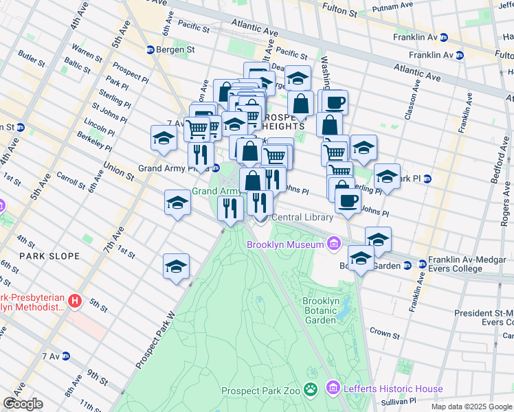 map of restaurants, bars, coffee shops, grocery stores, and more near 1 Grand Army Plaza in Brooklyn