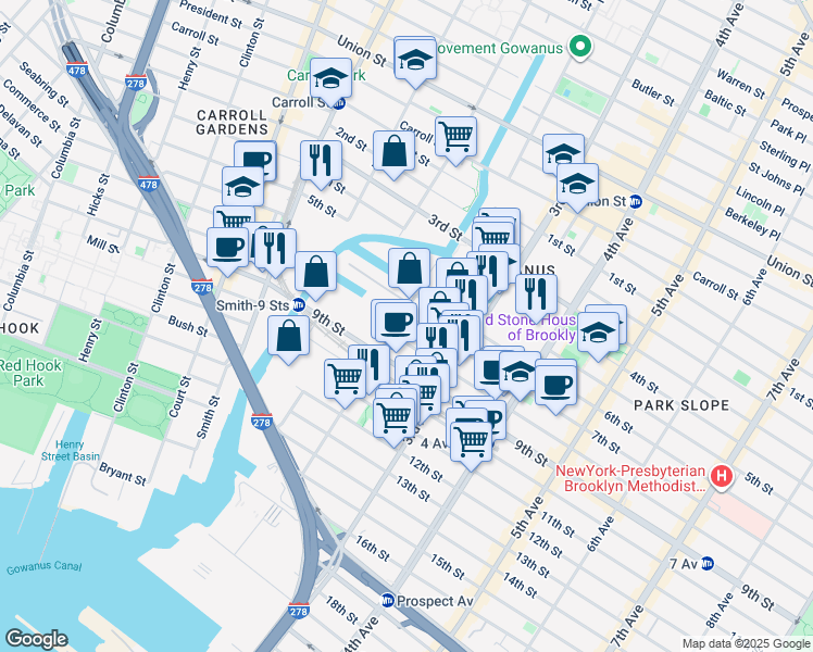 map of restaurants, bars, coffee shops, grocery stores, and more near 54 7th Street in Brooklyn