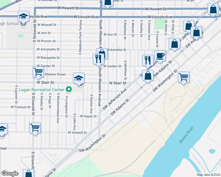 map of restaurants, bars, coffee shops, grocery stores, and more near 1300-1302 South Greenlawn Avenue in Peoria