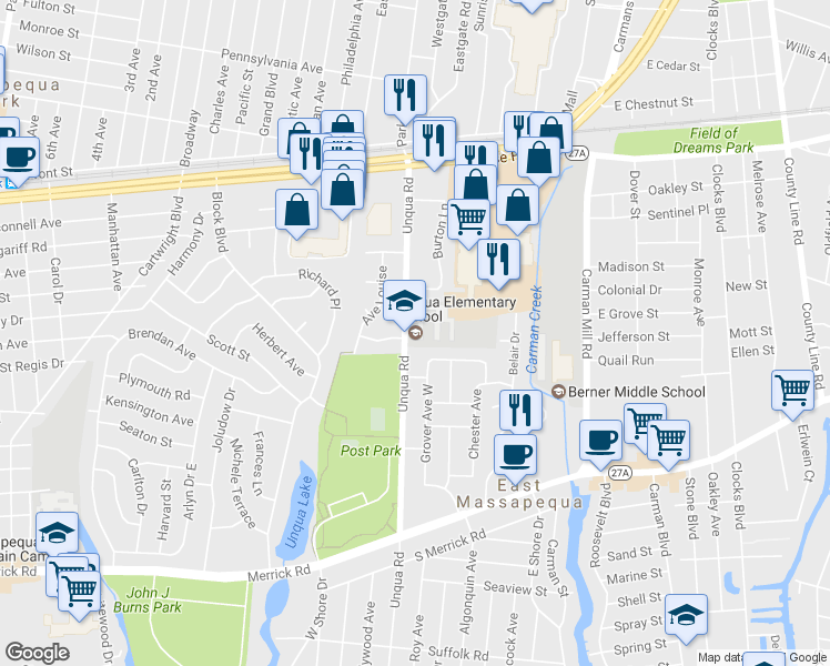 map of restaurants, bars, coffee shops, grocery stores, and more near 350 Unqua Road in Massapequa
