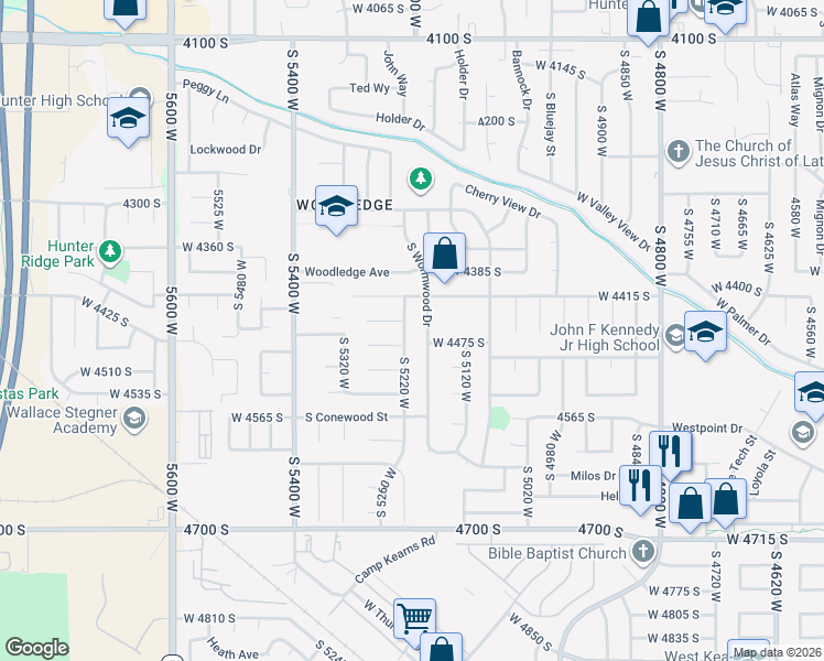 map of restaurants, bars, coffee shops, grocery stores, and more near 4433 South Woodgrove Drive in West Valley City