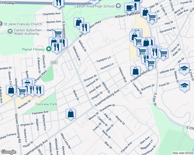 map of restaurants, bars, coffee shops, grocery stores, and more near 3015 Division Street in Easton
