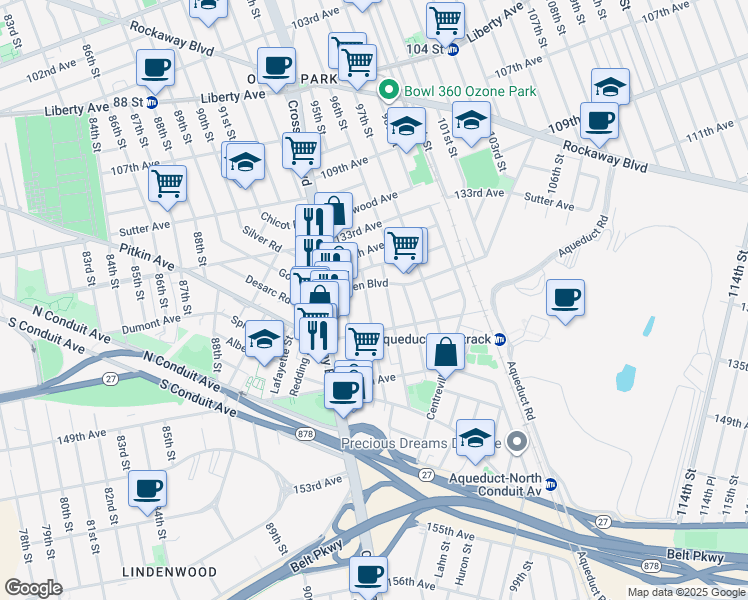 map of restaurants, bars, coffee shops, grocery stores, and more near 135-01 96th Street in Queens