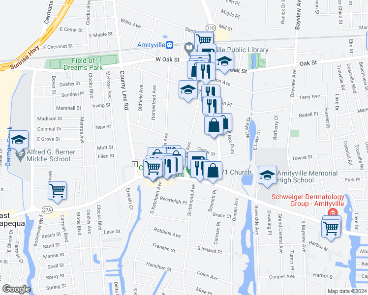 map of restaurants, bars, coffee shops, grocery stores, and more near 58 Park Avenue in Amityville