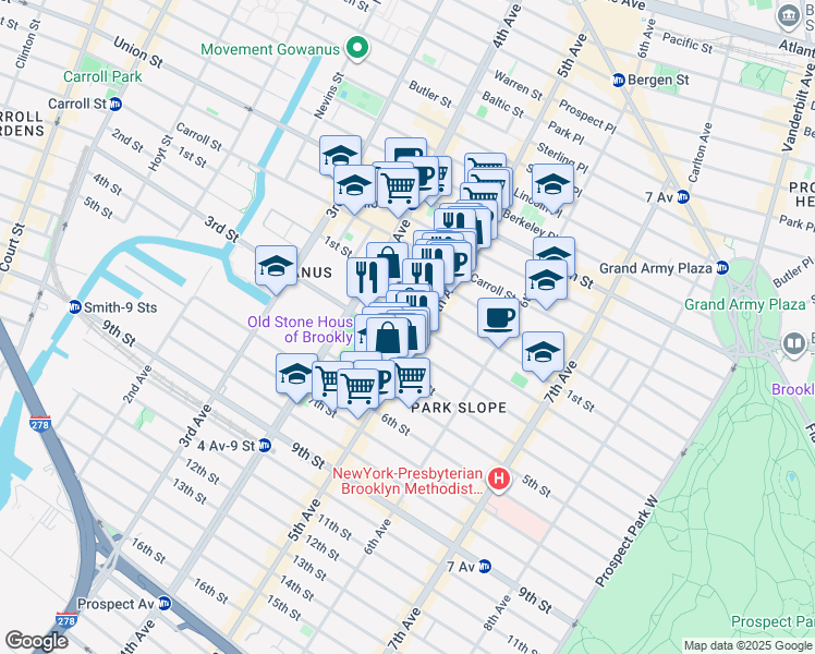 map of restaurants, bars, coffee shops, grocery stores, and more near 296 1st Street in Brooklyn