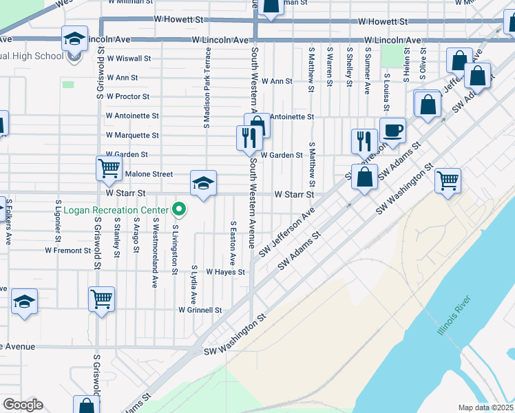 map of restaurants, bars, coffee shops, grocery stores, and more near 1314 South Western Avenue in Peoria