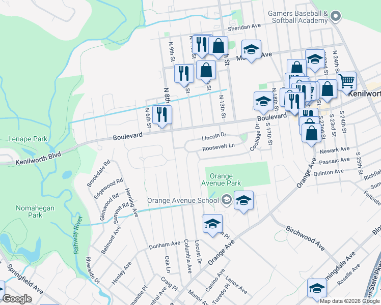 map of restaurants, bars, coffee shops, grocery stores, and more near 301 Lincoln Drive in Kenilworth