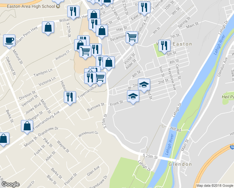 map of restaurants, bars, coffee shops, grocery stores, and more near 1198 Stewart Street in Easton