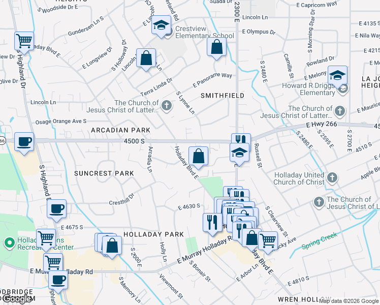 map of restaurants, bars, coffee shops, grocery stores, and more near 2180 Utah 266 in Holladay