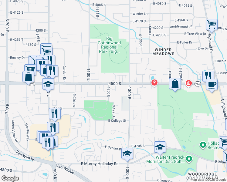 map of restaurants, bars, coffee shops, grocery stores, and more near 1212 East 4500 South in Millcreek