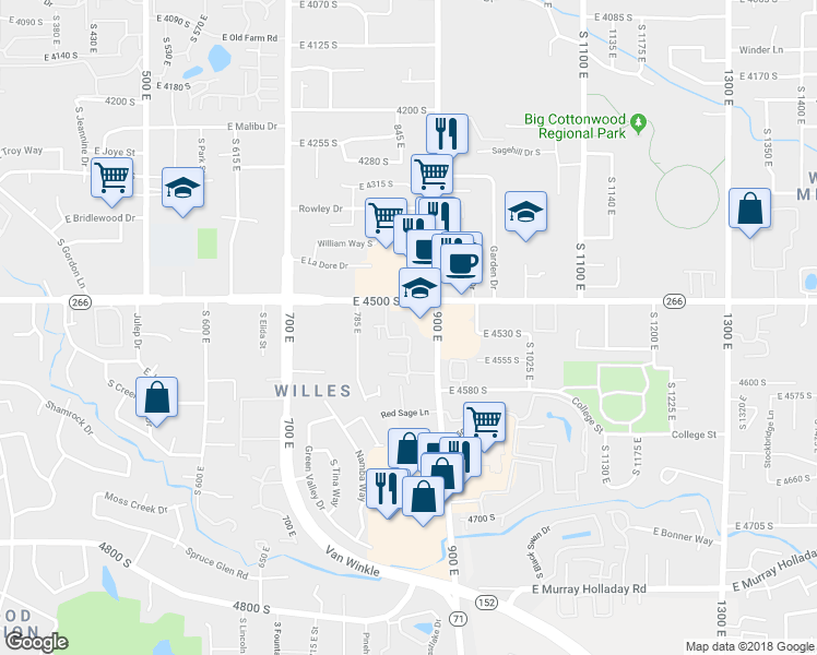 map of restaurants, bars, coffee shops, grocery stores, and more near 860 Utah 266 in Millcreek