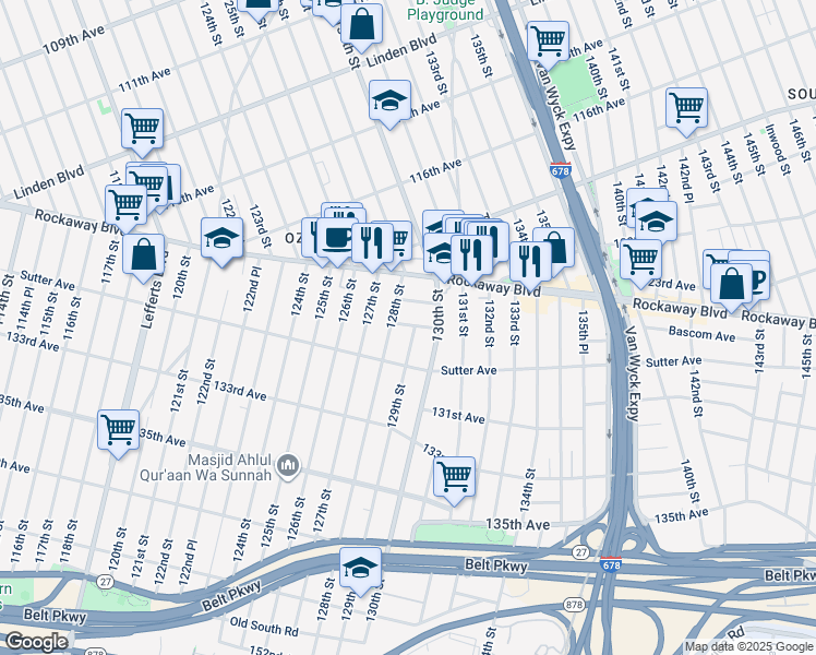 map of restaurants, bars, coffee shops, grocery stores, and more near 128-30 Gotham Road in Queens