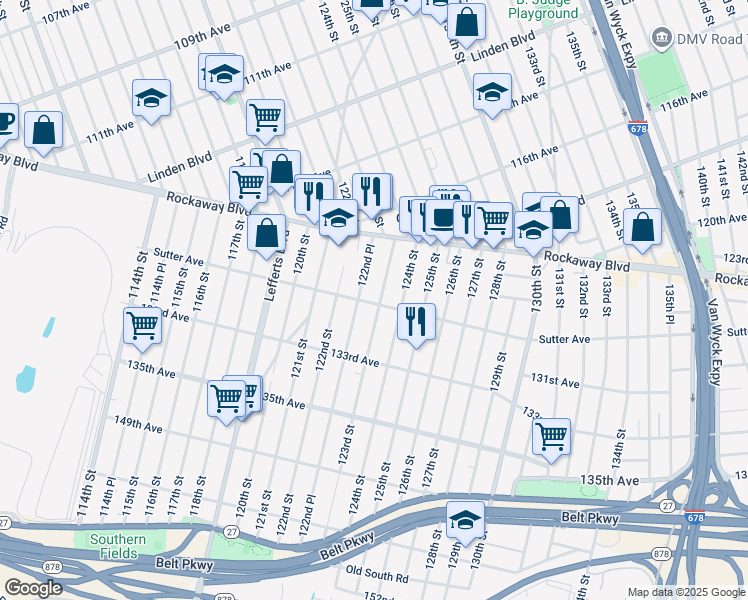 map of restaurants, bars, coffee shops, grocery stores, and more near 117-52 123rd Street in Queens