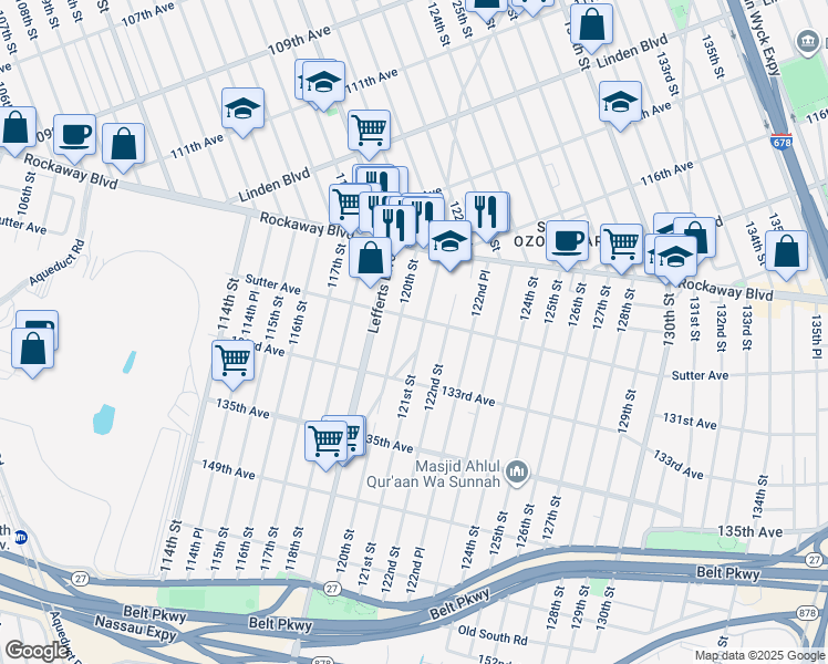 map of restaurants, bars, coffee shops, grocery stores, and more near 120-19 Sutter Avenue in Queens