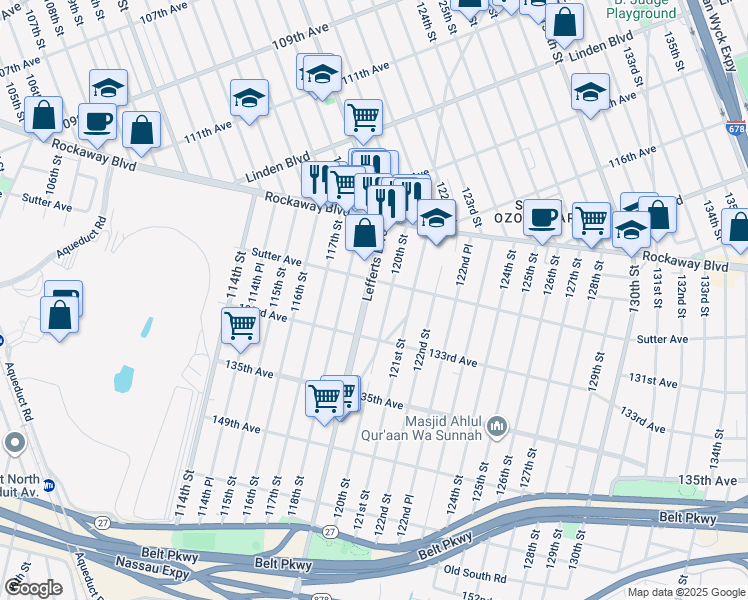 map of restaurants, bars, coffee shops, grocery stores, and more near 130-01 Lefferts Boulevard in Queens