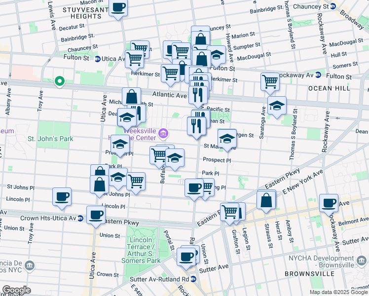 map of restaurants, bars, coffee shops, grocery stores, and more near 1373 Saint Marks Avenue in Brooklyn