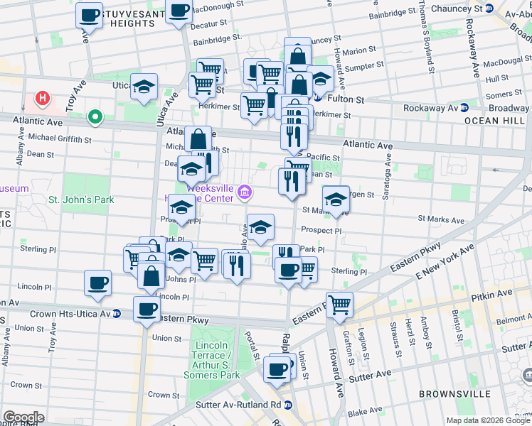 map of restaurants, bars, coffee shops, grocery stores, and more near 153 Buffalo Avenue in Brooklyn