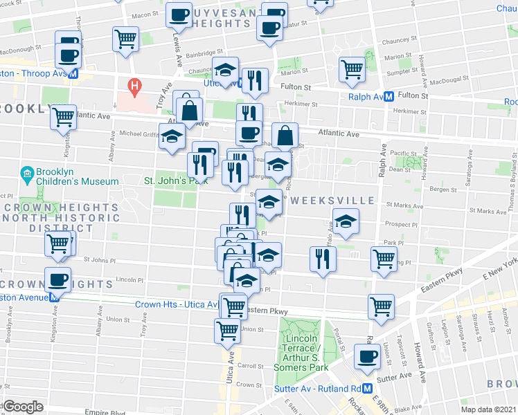 map of restaurants, bars, coffee shops, grocery stores, and more near 1228 Saint Marks Avenue in Brooklyn