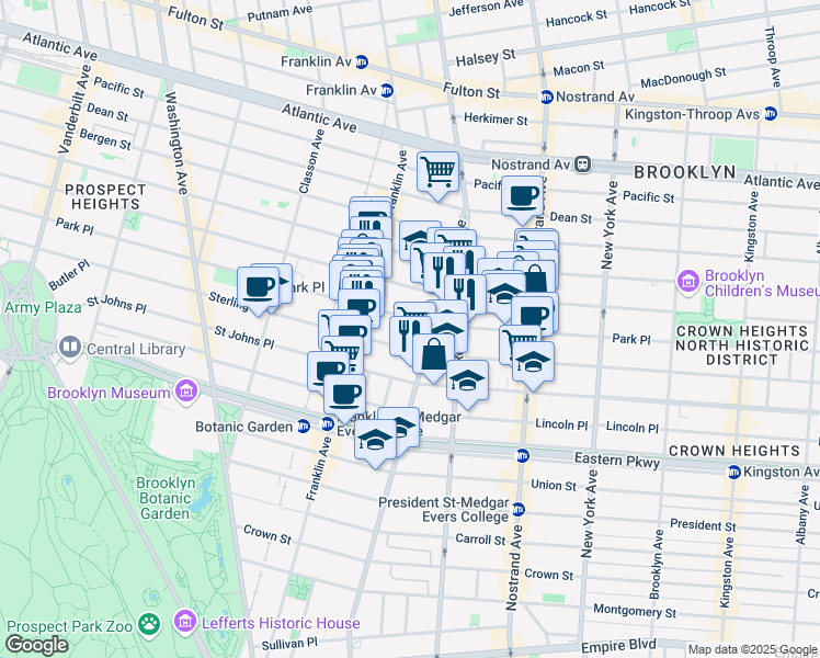 map of restaurants, bars, coffee shops, grocery stores, and more near 701 Park Place in Brooklyn