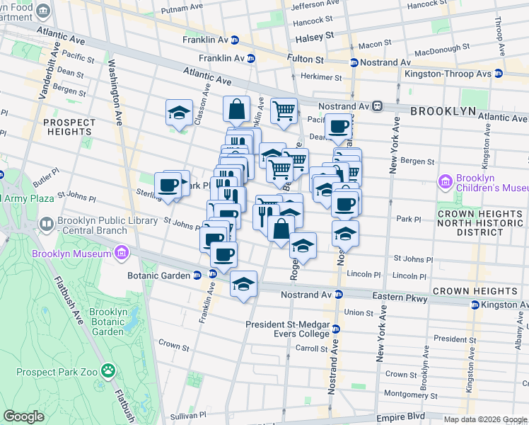 map of restaurants, bars, coffee shops, grocery stores, and more near 701 Park Place in Brooklyn