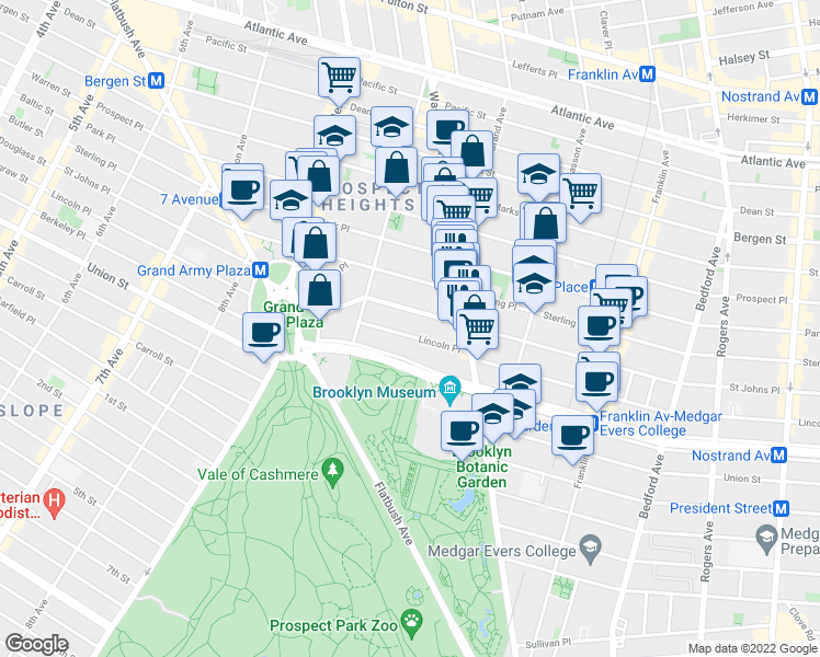 map of restaurants, bars, coffee shops, grocery stores, and more near 388 Saint Johns Place in Brooklyn